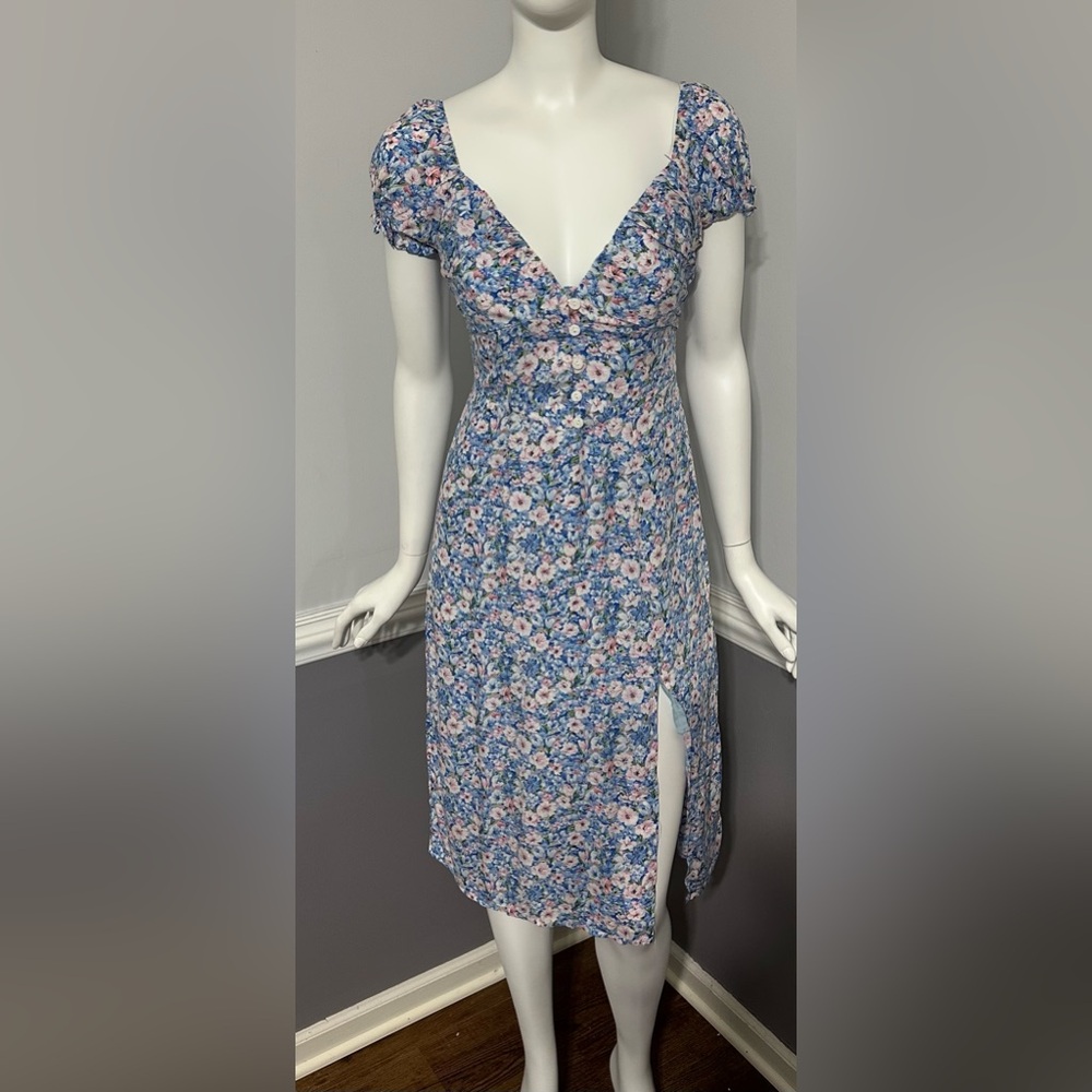 NEW Hello Molly Stunning Stella Midi Dress Blue Floral Side Slit V Neck Size‎ 4